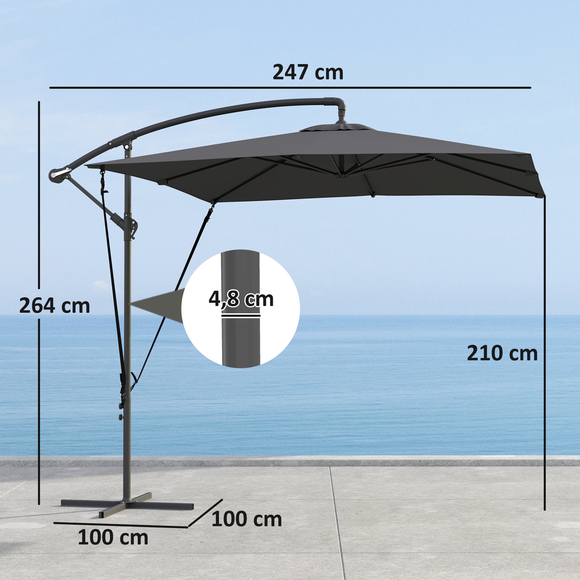 Chapéu de Sol Excêntrico 247x247 cm Chapéu de Sol de Jardim com Base Cruzada Capa Ajustável Manivela Capa Protetora e Corda de Vento Anti-UV 50+ Chapéu de Sol para Varanda Cinza Escuro