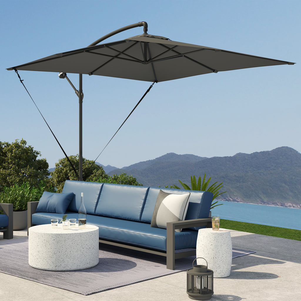 Chapéu de Sol Excêntrico 247x247 cm Chapéu de Sol de Jardim com Base Cruzada Capa Ajustável Manivela Capa Protetora e Corda de Vento Anti-UV 50+ Chapéu de Sol para Varanda Cinza Escuro