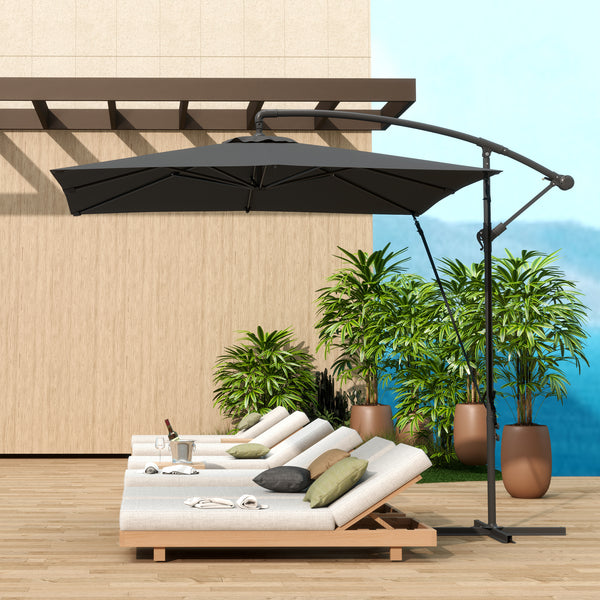 Chapéu de Sol Excêntrico 247x247 cm Chapéu de Sol de Jardim com Base Cruzada Capa Ajustável Manivela Capa Protetora e Corda de Vento Anti-UV 50+ Chapéu de Sol para Varanda Cinza Escuro