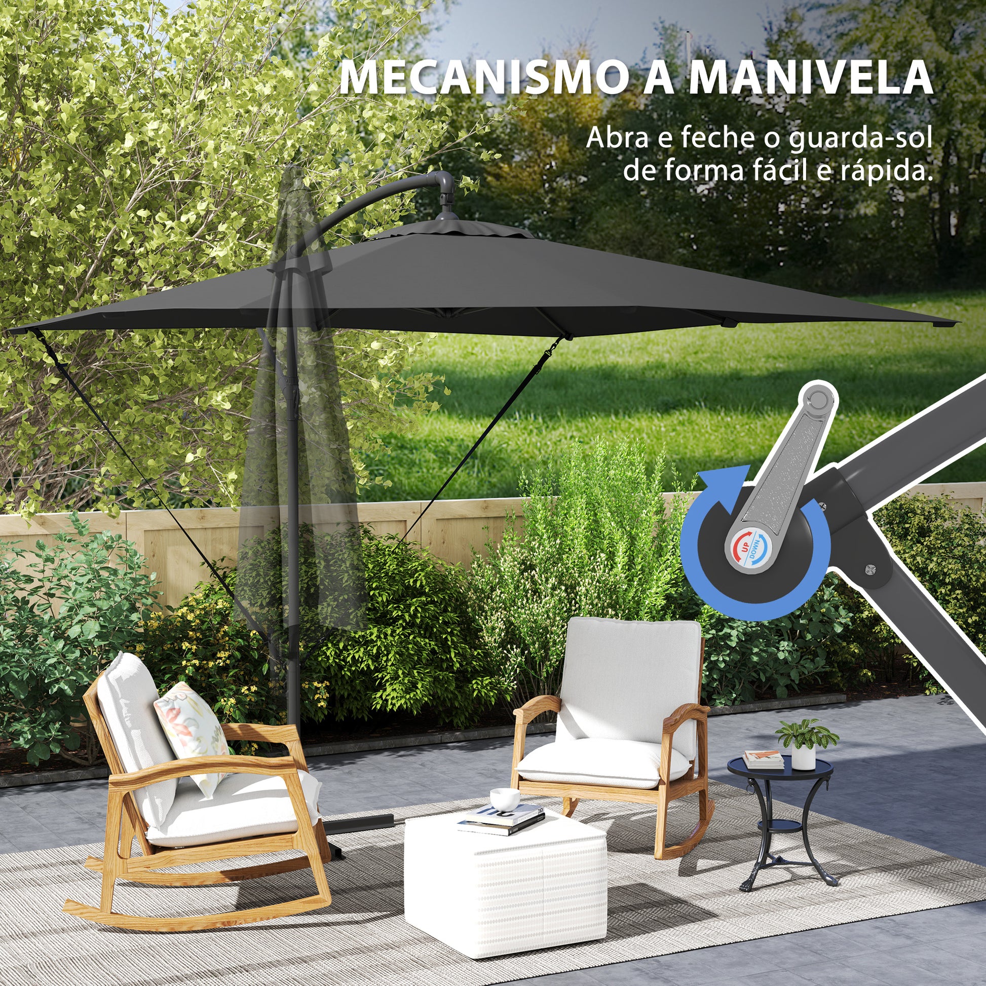 Chapéu de Sol Excêntrico 247x247 cm Chapéu de Sol de Jardim com Base Cruzada Capa Ajustável Manivela Capa Protetora e Corda de Vento Anti-UV 50+ Chapéu de Sol para Varanda Cinza Escuro