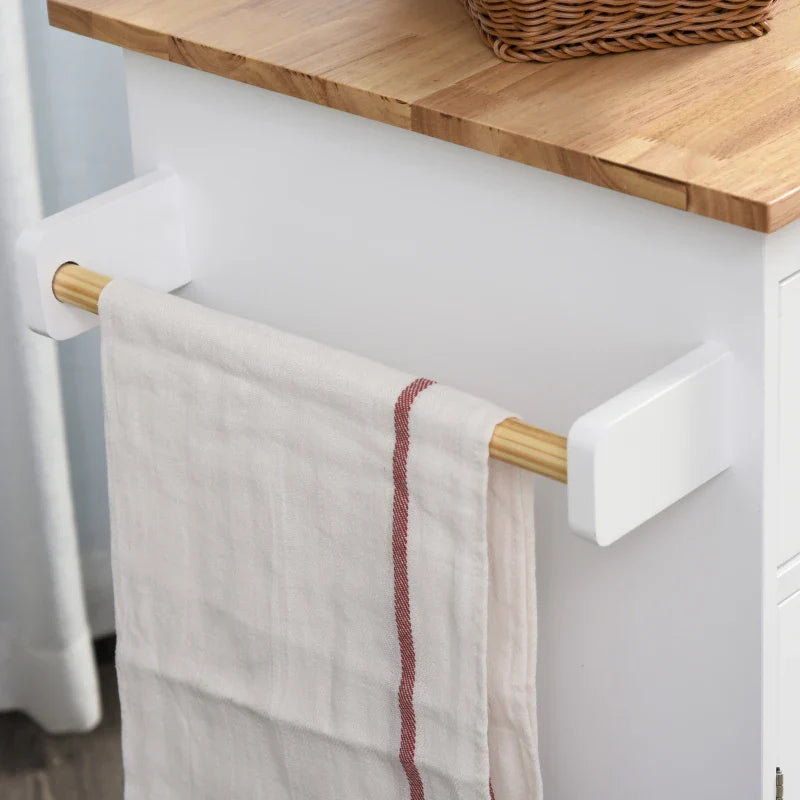 Carrinho de Cozinha Auxiliar com Rodas Carrinho de Cozinha com 2 Gavetas Armário de Armazenamento Prateleira Interior Ajustável 3 Suportes para Temperos e Barra de Pendurar 89x45x89,5cm Branco