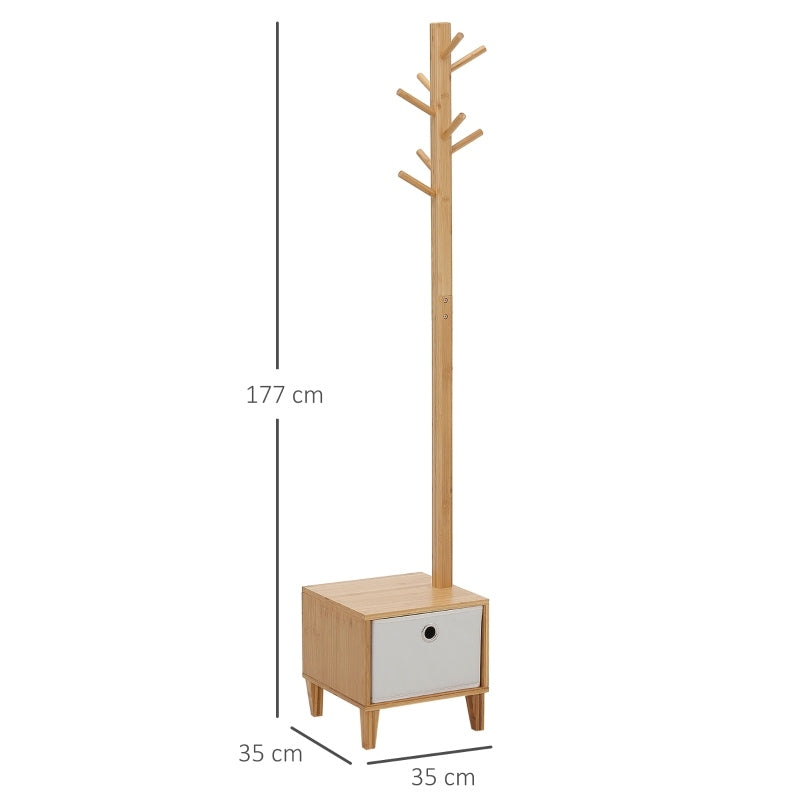 Cabide de Pé de Bambu com Banco Gaveta de Tecido e 8 Ganchos para Pendurar Roupa Bolsas Casacos para Entrada Sala de Estar Corredor 35x35x177cm Natural