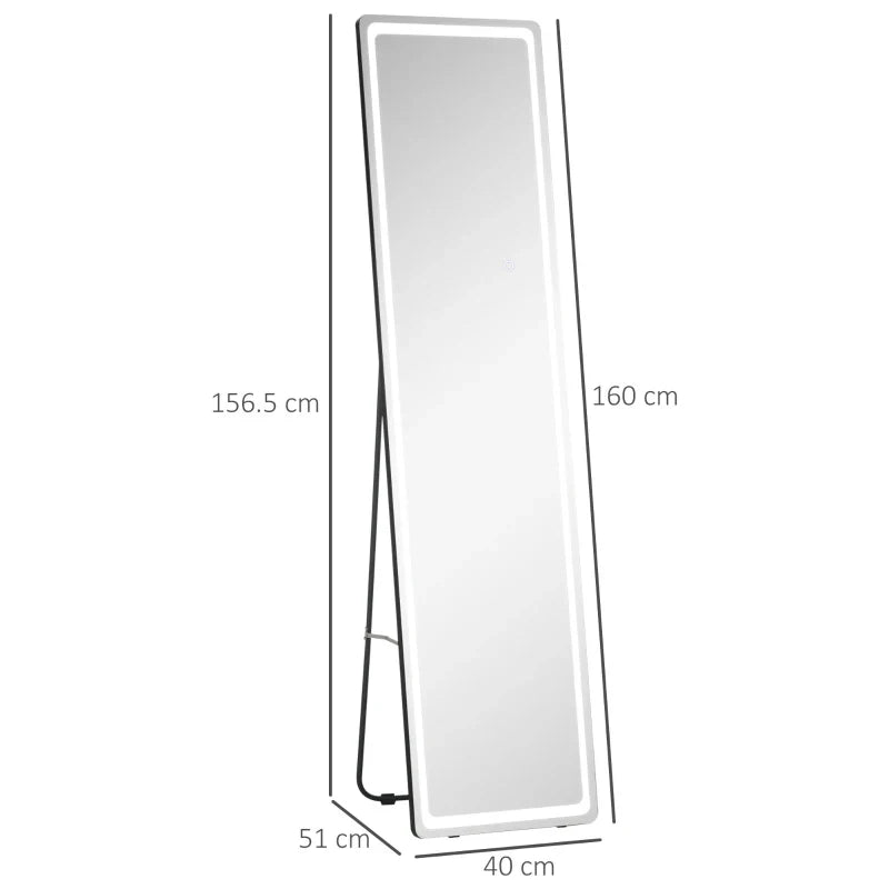 Espelho de Pé de Corpo Inteiro Espelho de Pé com Luzes LED Controlo Remoto 3 Cores de Luzes Ajustável Brilho Ajustável e Estrutura de Alumínio 40x51x156,5cm Prata e Preto