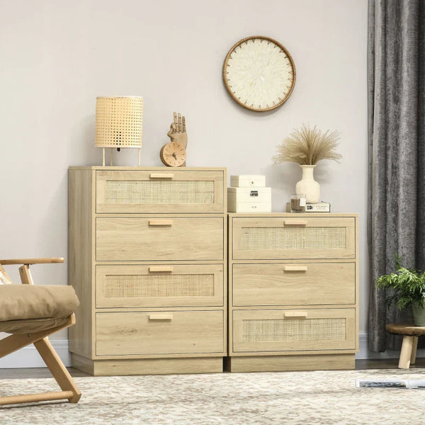 Cómoda com 3 Gavetas de Vime Cómoda de Madeira para Dormitório Sala de Estar Estilo Boêmio 60x38x69 cm Madeira