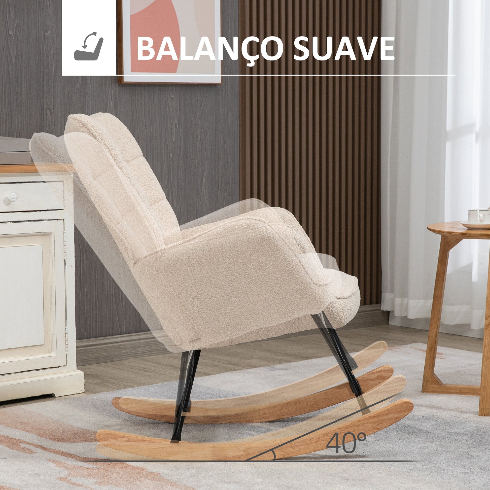 Poltrona Baloiço Poltrona de Sala de Estar Oscilação de 40° com Pés de Madeira de Faia e Estrutura de Aço para Dormitório Carga Máxima 120 kg 71x92x101 cm Bege