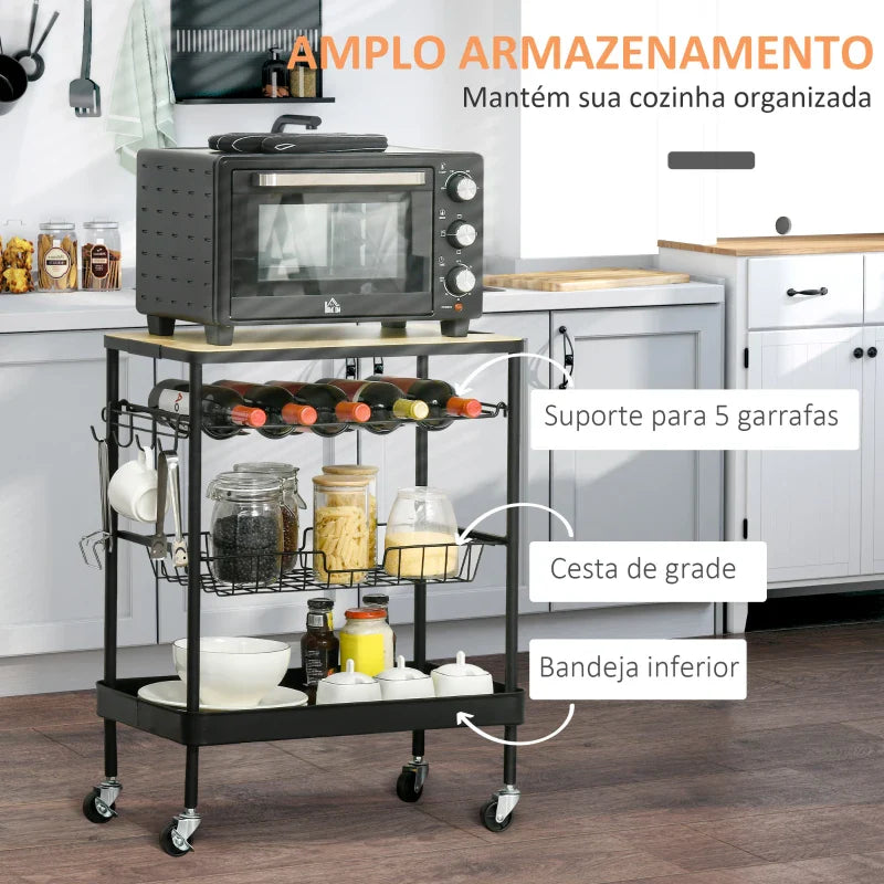 Carrinho de Cozinha com Rodas Carrinho de Cozinha Multiuso com Suporte para Garrafas Cesta Removível e 4 Ganchos para Sala de Jantar Sala de Estar 60,5x35,5x75cm Preto e Carvalho