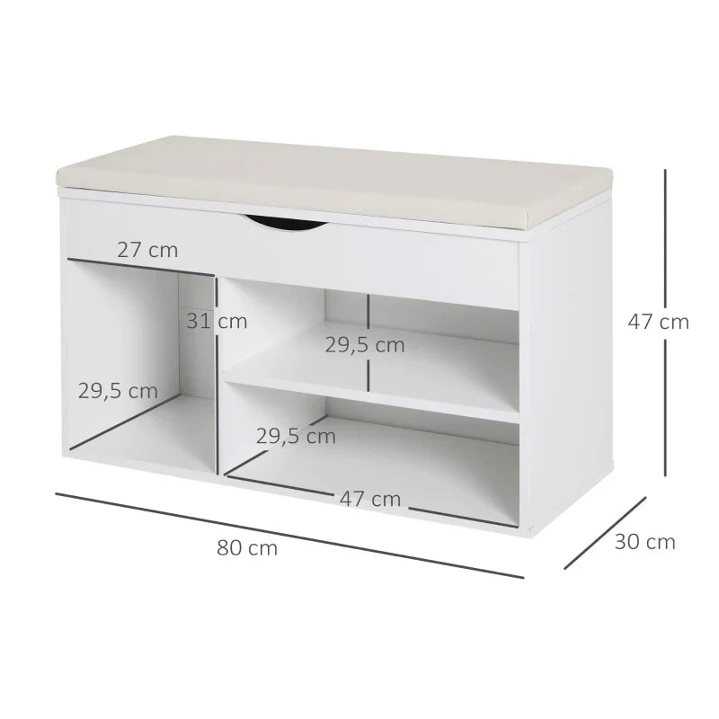 Banco Sapateira com Armazenamento Gaveta Prateleira e Assento Acolchoado para Entrada Estilo Moderno 80x30x47cm Branco