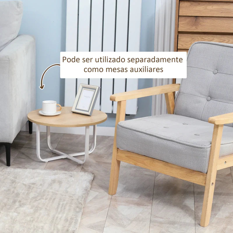 Conjunto de 2 Mesas de Centro Ø65x32cm e Ø45x26cm Mesas de Sala de Estar Redondas com Bancada de Madeira e Pés de Metal para Dormitório Madeira e Branco