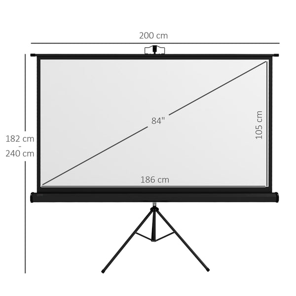 Tela de Projeção Manual com Suporte 84 Polegadas Tela de Projeção Portátil Formato 16:9 com Altura Ajustável para Interior e Exterior Cinema em Casa 200x8x118 cm Branco e Preto