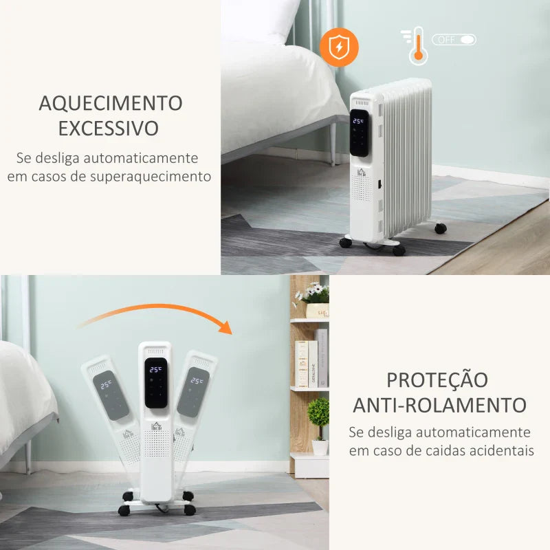 Aquecedor a Óleo 2290/2720W com 3 Modos de Aquecimento Tela LED Controle Tátil Termostato Temporizador 24H e Rodas Baixo Consumo para 20m² 50,5x24x63cm Branco