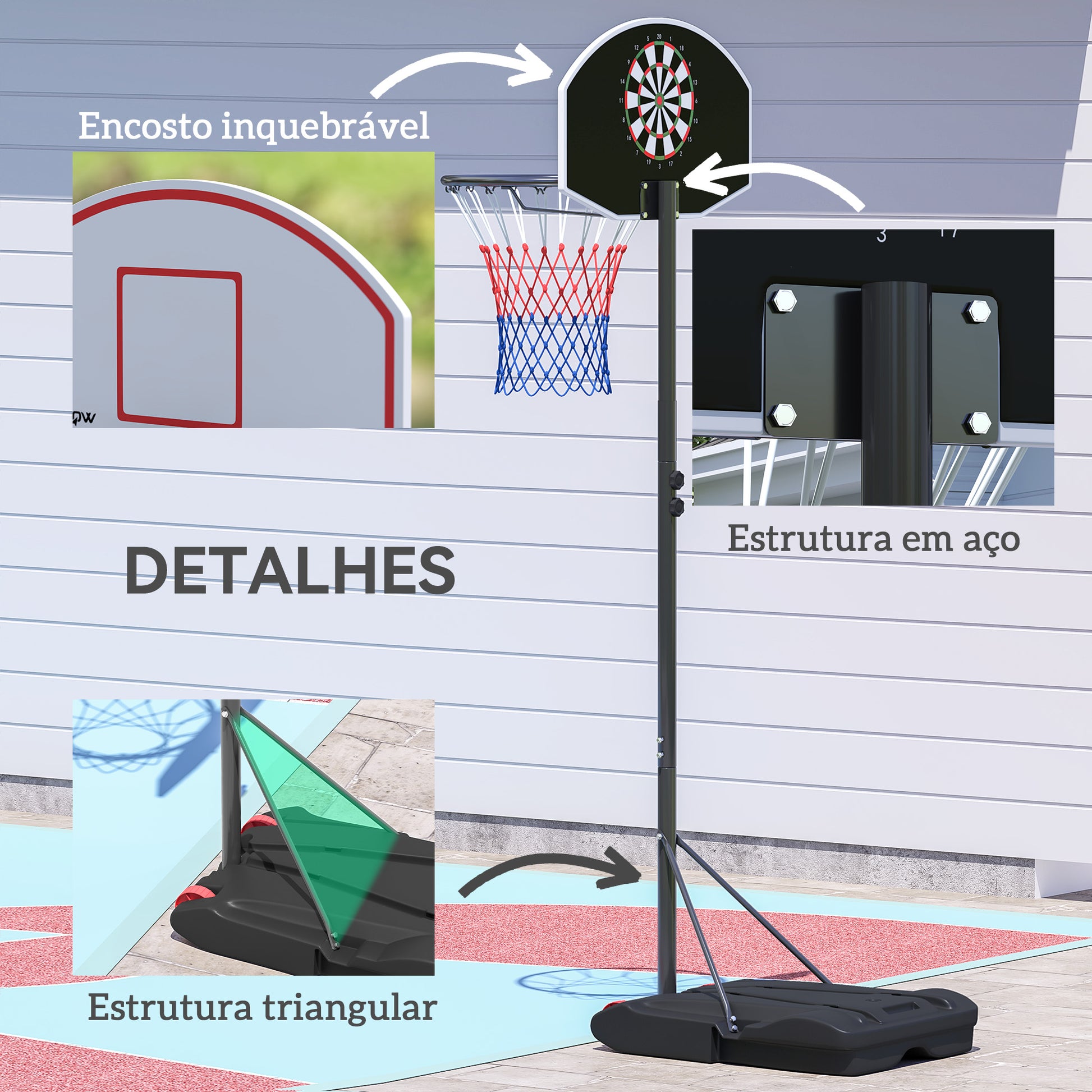 SPORTNOW Tabela de Basquetebol para Exterior com Alvo de Dardos Tabela de Basquetebol Portátil com Ajustável 210-247 cm Rodas Base Rellenável para Adolescentes e Adultos Preto