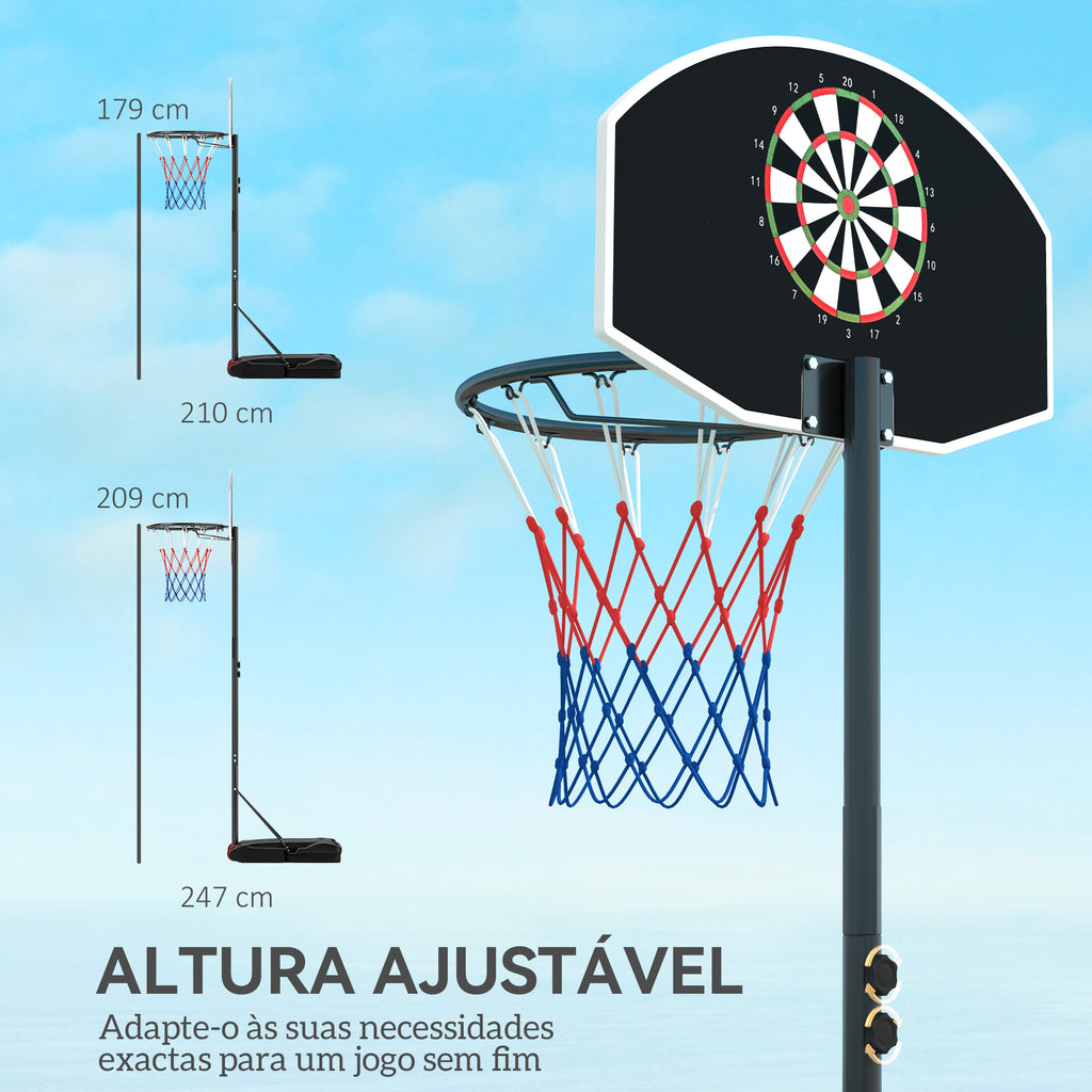 SPORTNOW Tabela de Basquetebol para Exterior com Alvo de Dardos Tabela de Basquetebol Portátil com Ajustável 210-247 cm Rodas Base Rellenável para Adolescentes e Adultos Preto