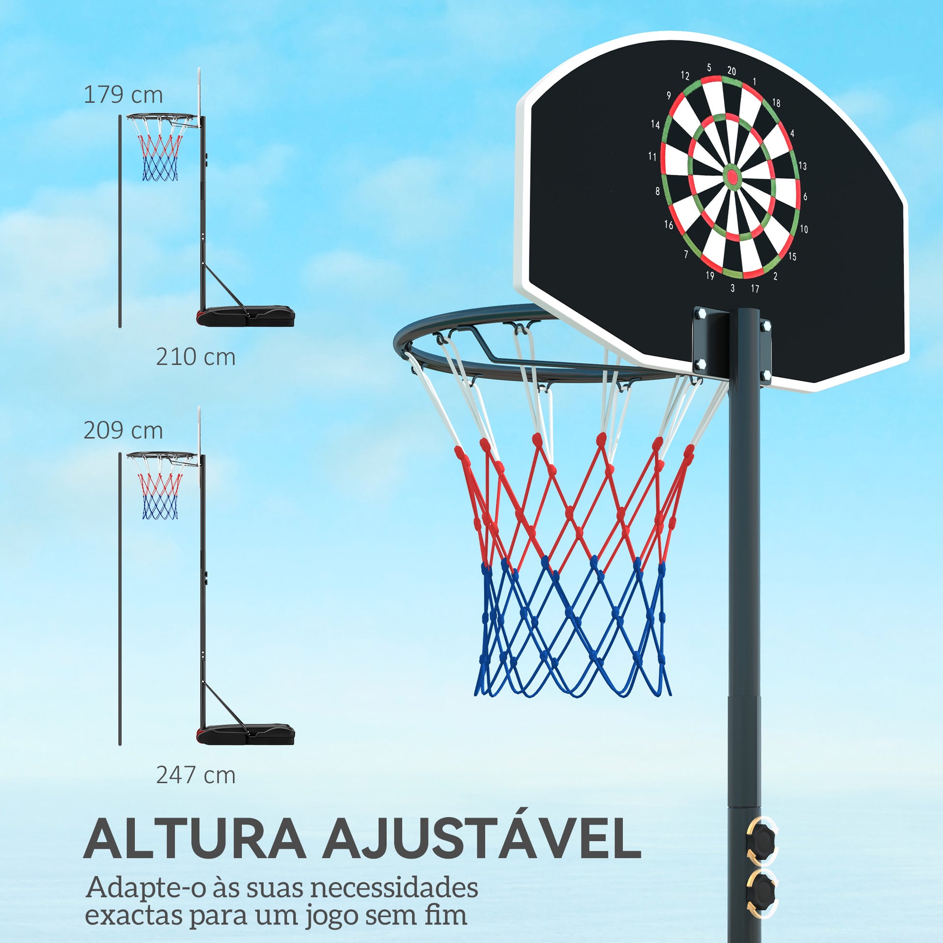 SPORTNOW Tabela de Basquetebol para Exterior com Alvo de Dardos Tabela de Basquetebol Portátil com Ajustável 210-247 cm Rodas Base Rellenável para Adolescentes e Adultos Preto