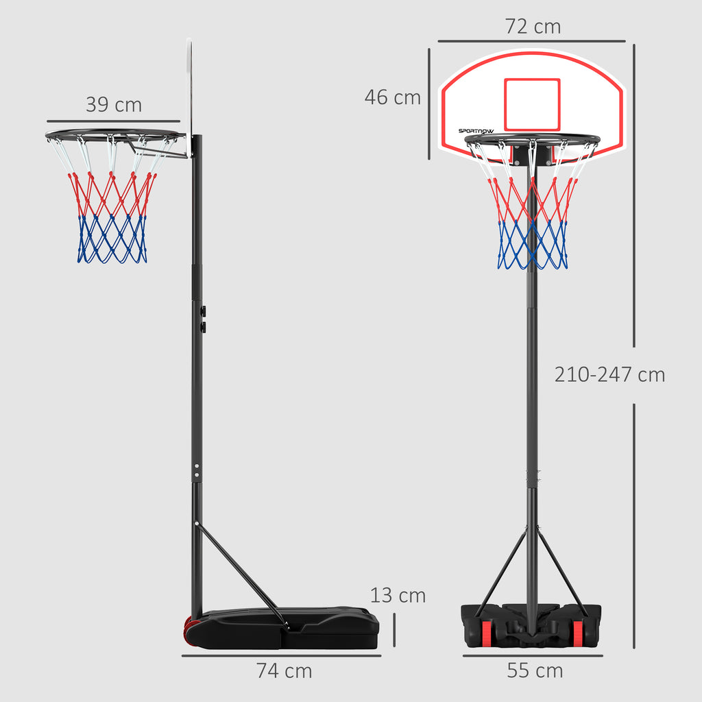 SPORTNOW Tabela de Basquetebol para Exterior com Alvo de Dardos Tabela de Basquetebol Portátil com Ajustável 210-247 cm Rodas Base Rellenável para Adolescentes e Adultos Preto