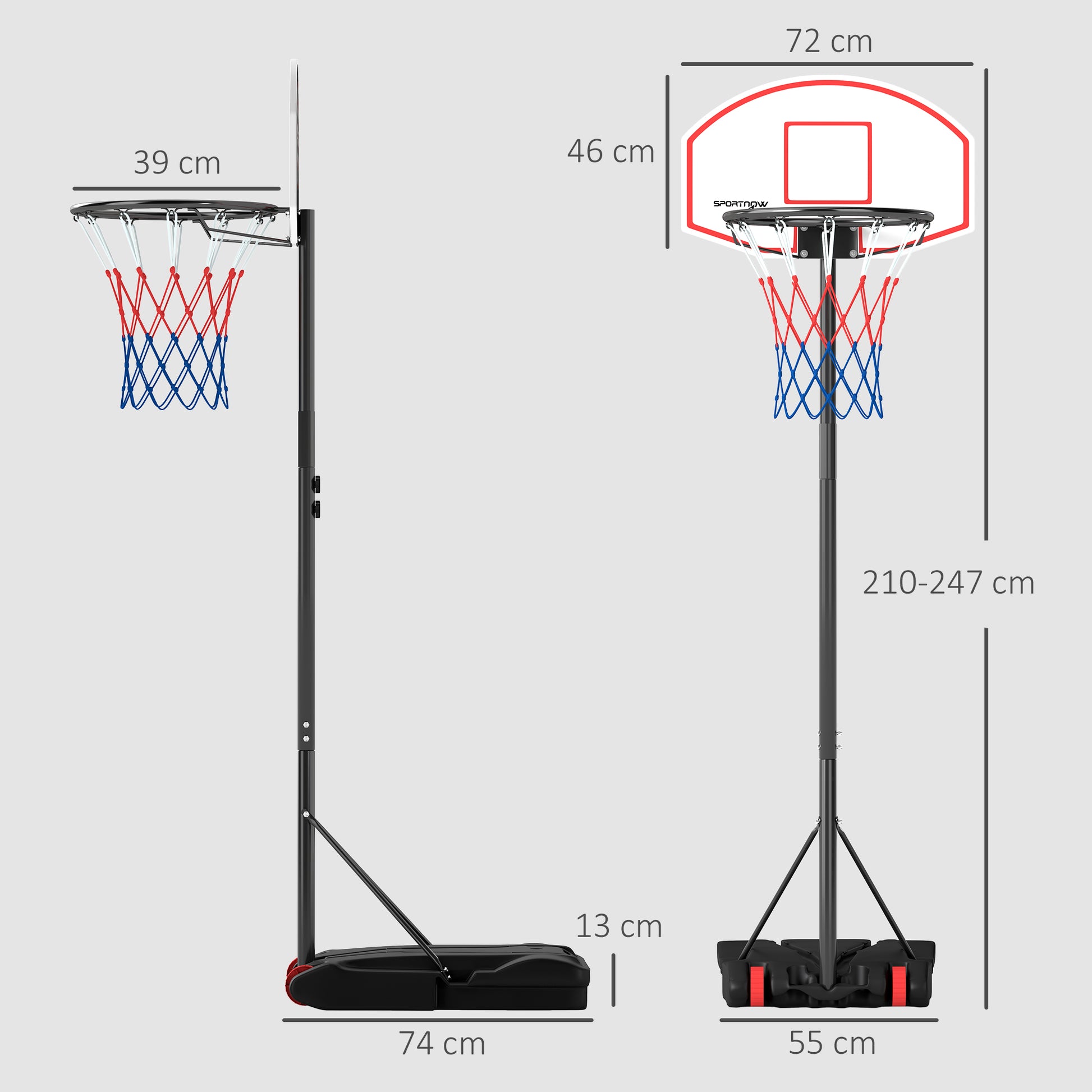 SPORTNOW Tabela de Basquetebol para Exterior com Alvo de Dardos Tabela de Basquetebol Portátil com Ajustável 210-247 cm Rodas Base Rellenável para Adolescentes e Adultos Preto