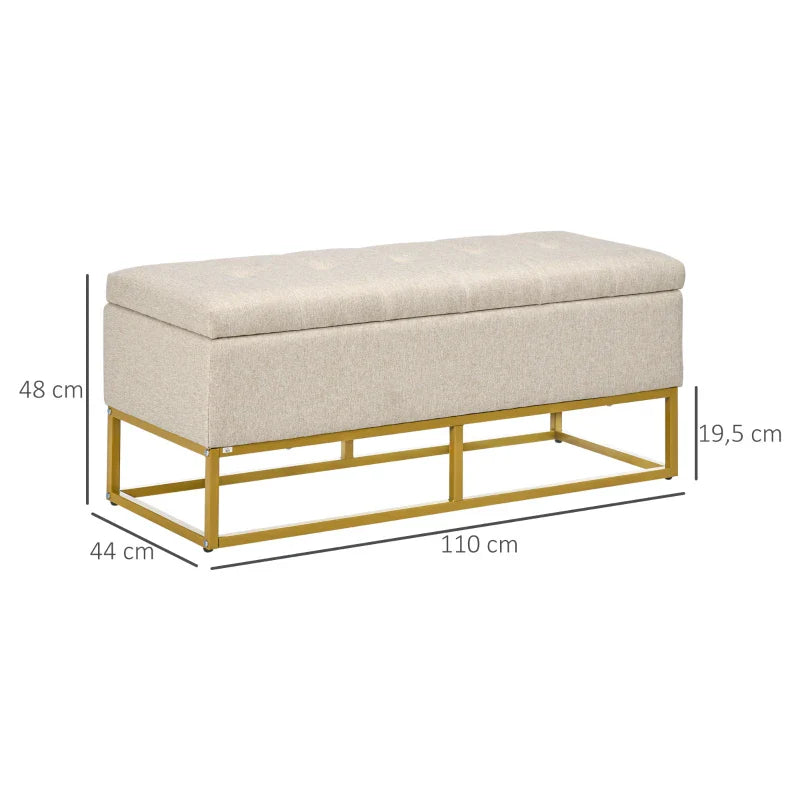 Banco de Armazenamento Otomano Retangular Estofado em Linho com Pés de Aço para Sala de Estar Dormitório 110x44x48 cm Bege