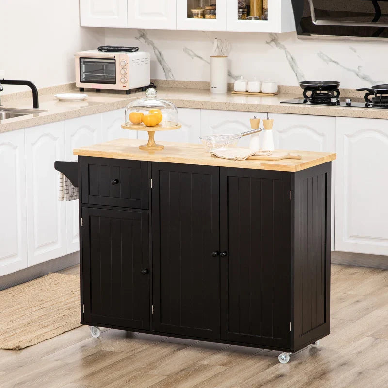 Ilha de Cozinha com Rodas Carrinho de Cozinha com Gaveta 3 Portas Prateleira Ajustável e Suporte para Panos Móvel Auxiliar de Cozinha 135x45x94,5cm Preto e Madeira