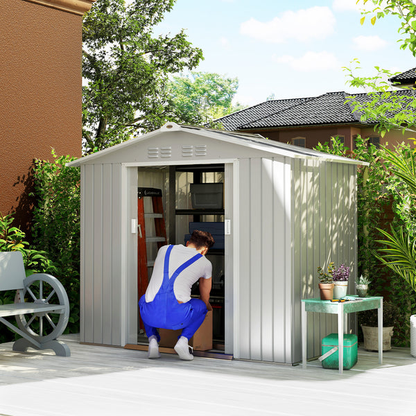 Abrigo de Jardim 2,42 m 213x130x185 cm Abrigo de Jardim Metálico de Exterior para Armazenamento de Ferramentas com 2 Portas Deslizantes e 4 Janelas para Terraço Cinza Claro