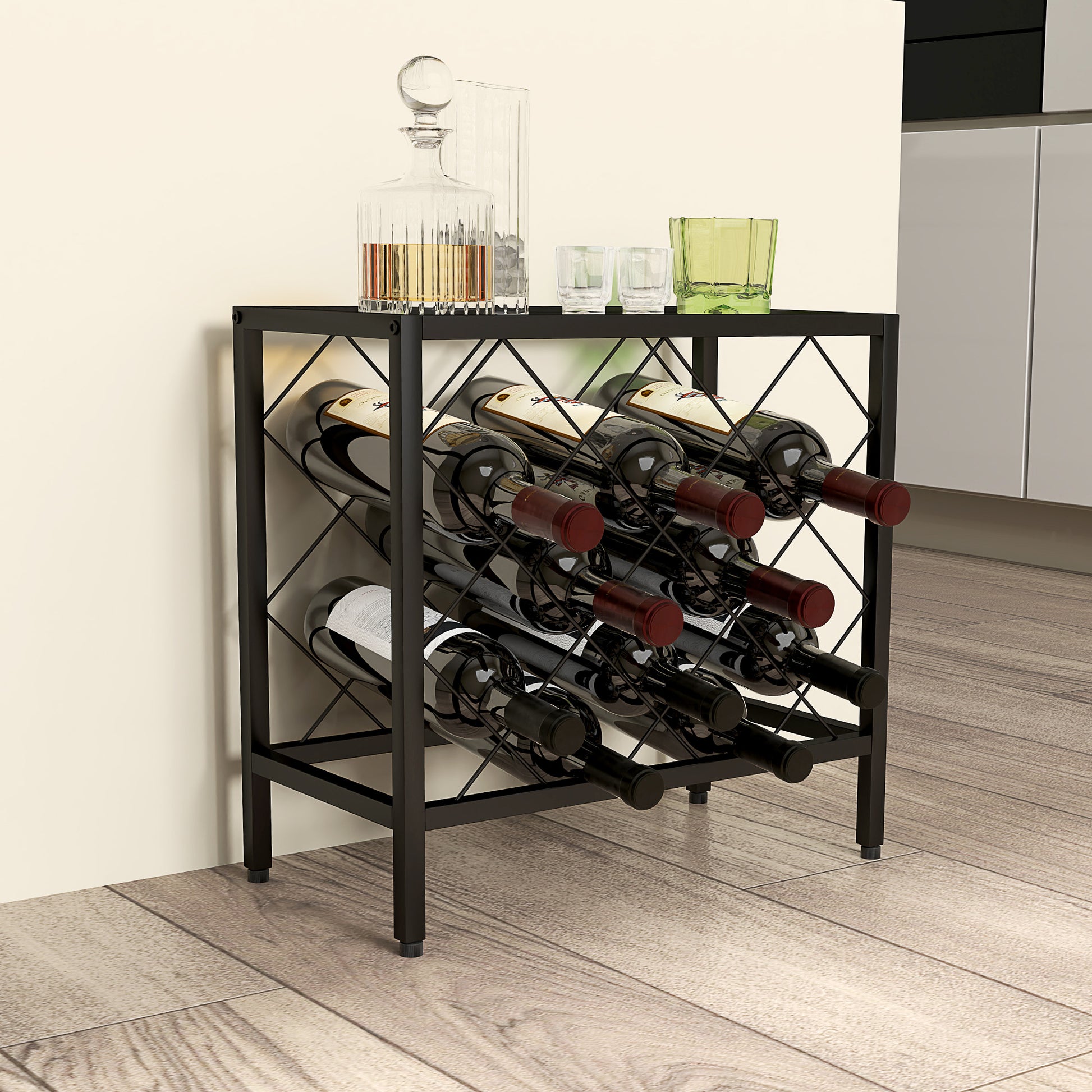 Suporte para Garrafas de Vinho para 10 Garrafas Suporte com Bancada de Vidro Temperado e Estrutura de Aço para Sala de Estar ou Jantar 41x22x41 cm Preto