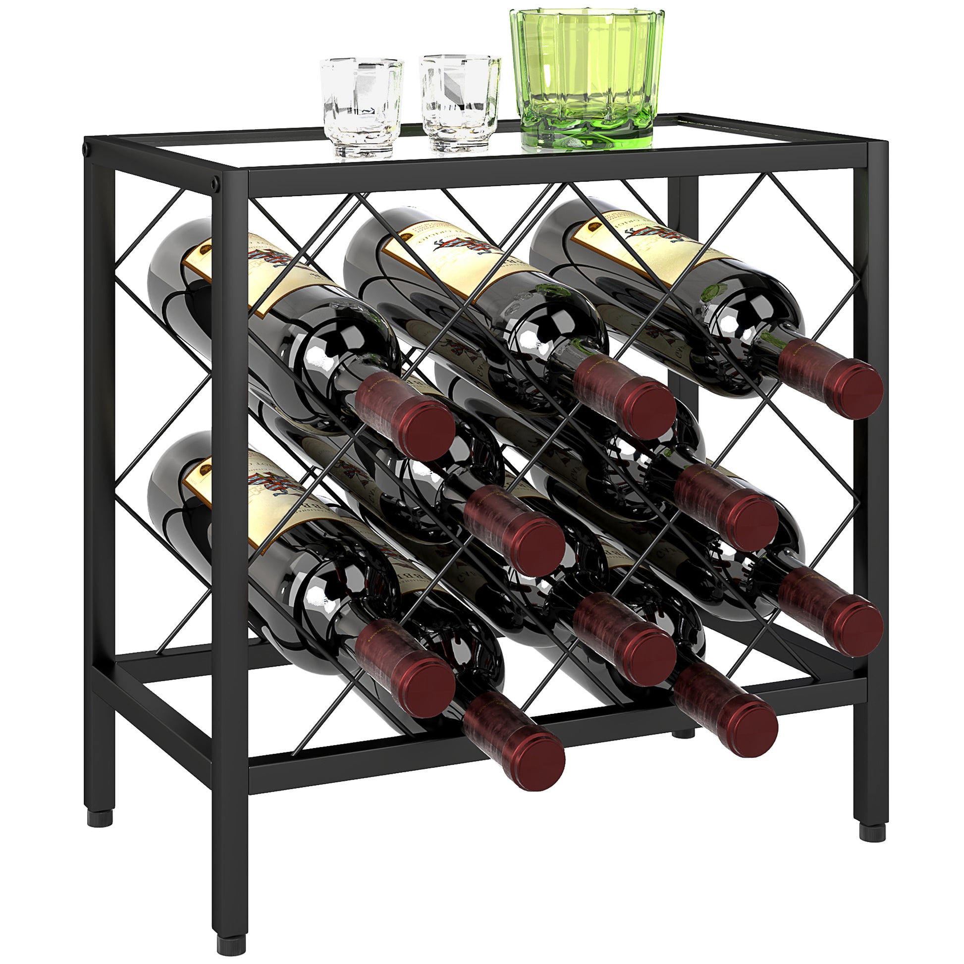 Suporte para Garrafas de Vinho para 10 Garrafas Suporte com Bancada de Vidro Temperado e Estrutura de Aço para Sala de Estar ou Jantar 41x22x41 cm Preto
