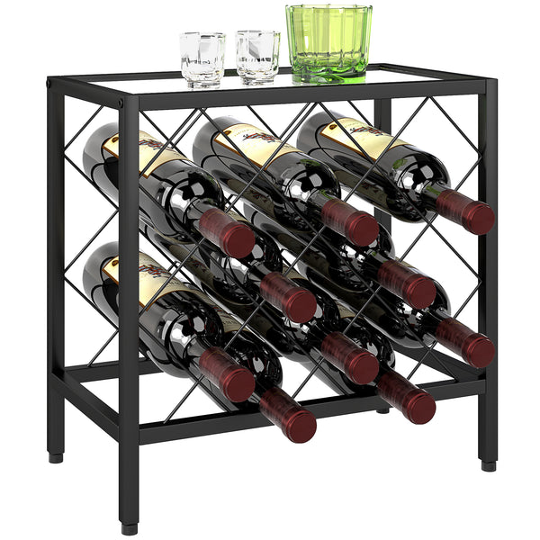 Suporte para Garrafas de Vinho para 10 Garrafas Suporte com Bancada de Vidro Temperado e Estrutura de Aço para Sala de Estar ou Jantar 41x22x41 cm Preto