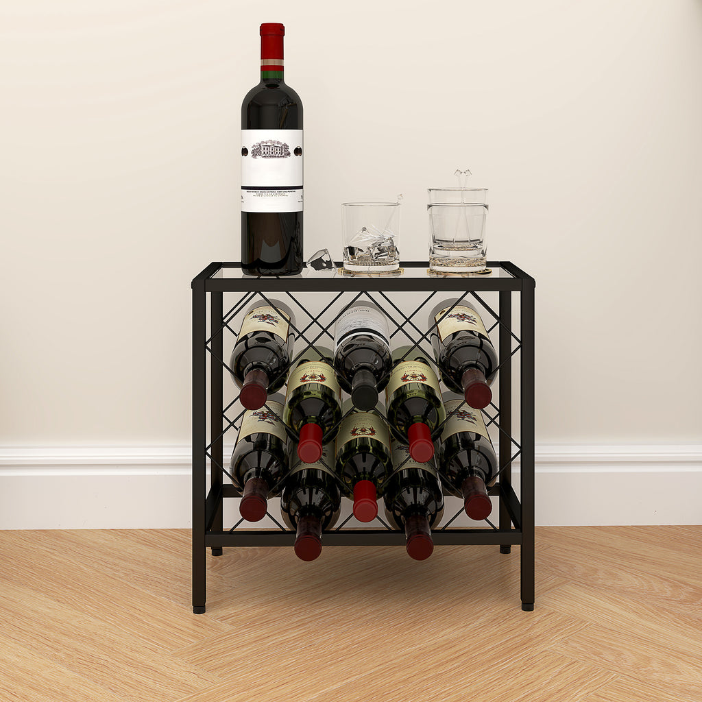 Suporte para Garrafas de Vinho para 10 Garrafas Suporte com Bancada de Vidro Temperado e Estrutura de Aço para Sala de Estar ou Jantar 41x22x41 cm Preto