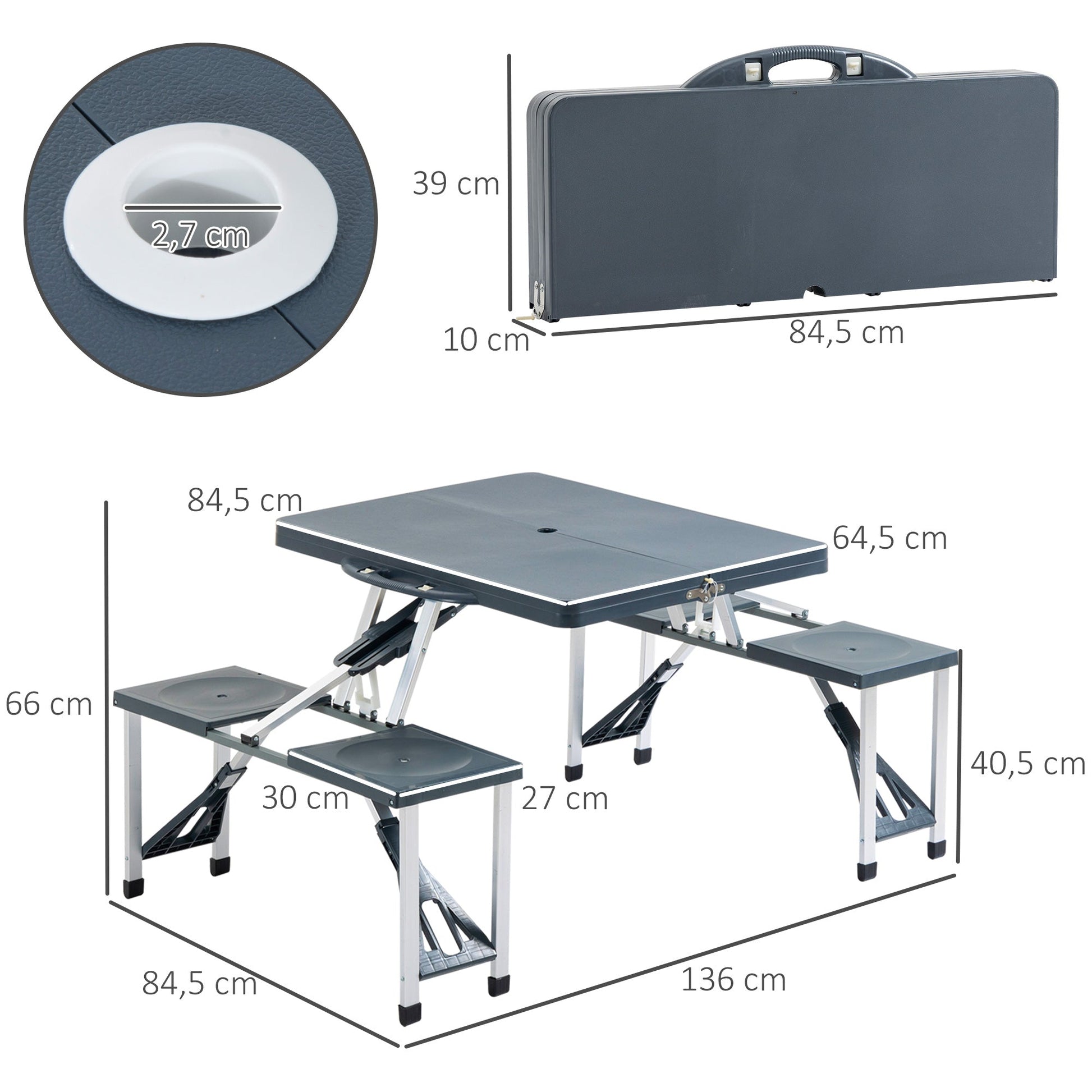 Mesa de Campismo Dobrável Mesa Campismo Portátil com 4 Assentos e Orifício para Chapéu de Sol Alumínio para Praia Piquenique 136x84,5x66cm Cinza