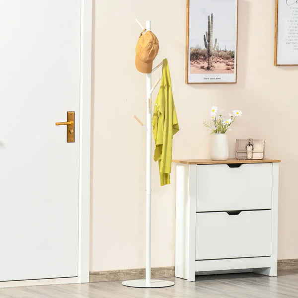 Cabide de Pé de Madeira Cabide de Pé com 6 Ganchos para Roupa Bolsas e Estrutura de Metal para Sala de Estar Entrada Dormitório 35x35x174cm Branco e Madeira