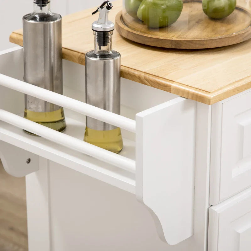 Carrinho de Cozinha Ilha de Cozinha com Rodas Móvel Multifuncional com 2 Gavetas 3 Armários Suporte para Panos e para Temperos para Sala de Jantar 110x45x89cm Branco