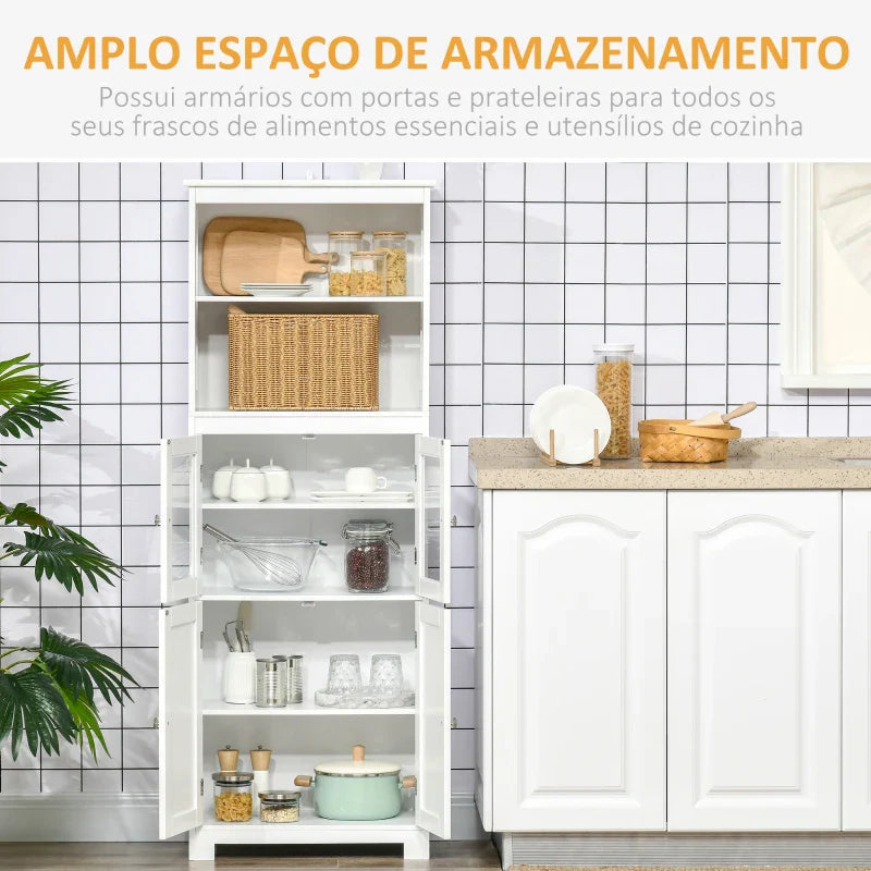 Armário de Cozinha com 2 Portas de Vidro Temperado 2 Prateleiras Abertas e Armário com Prateleira Ajustável para Sala de Estar 60x30x162 cm Branco
