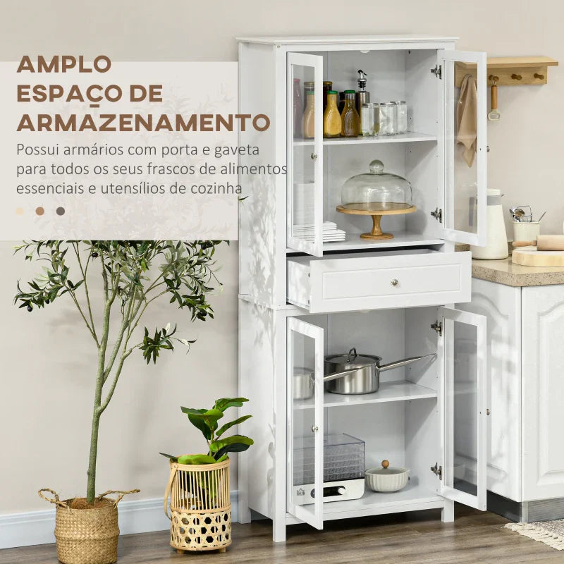 Armário de Cozinha Móvel Auxiliar com 4 Portas de Vidro Temperado Gaveta e Prateleiras Ajustáveis para Sala de Estar Sala de Jantar 74x35,5x181,5 cm Branco