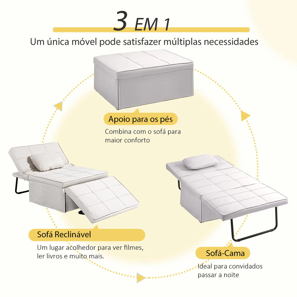 Sofá Cama Individual 3 em 1 Estofado em Linho Sofá Reclinável em 5 Posições com Apoio para os Pés e Apoio para a Cabeça para Sala de Estar Carga Máxima 200kg 95x189x43 cm Branco Gelo