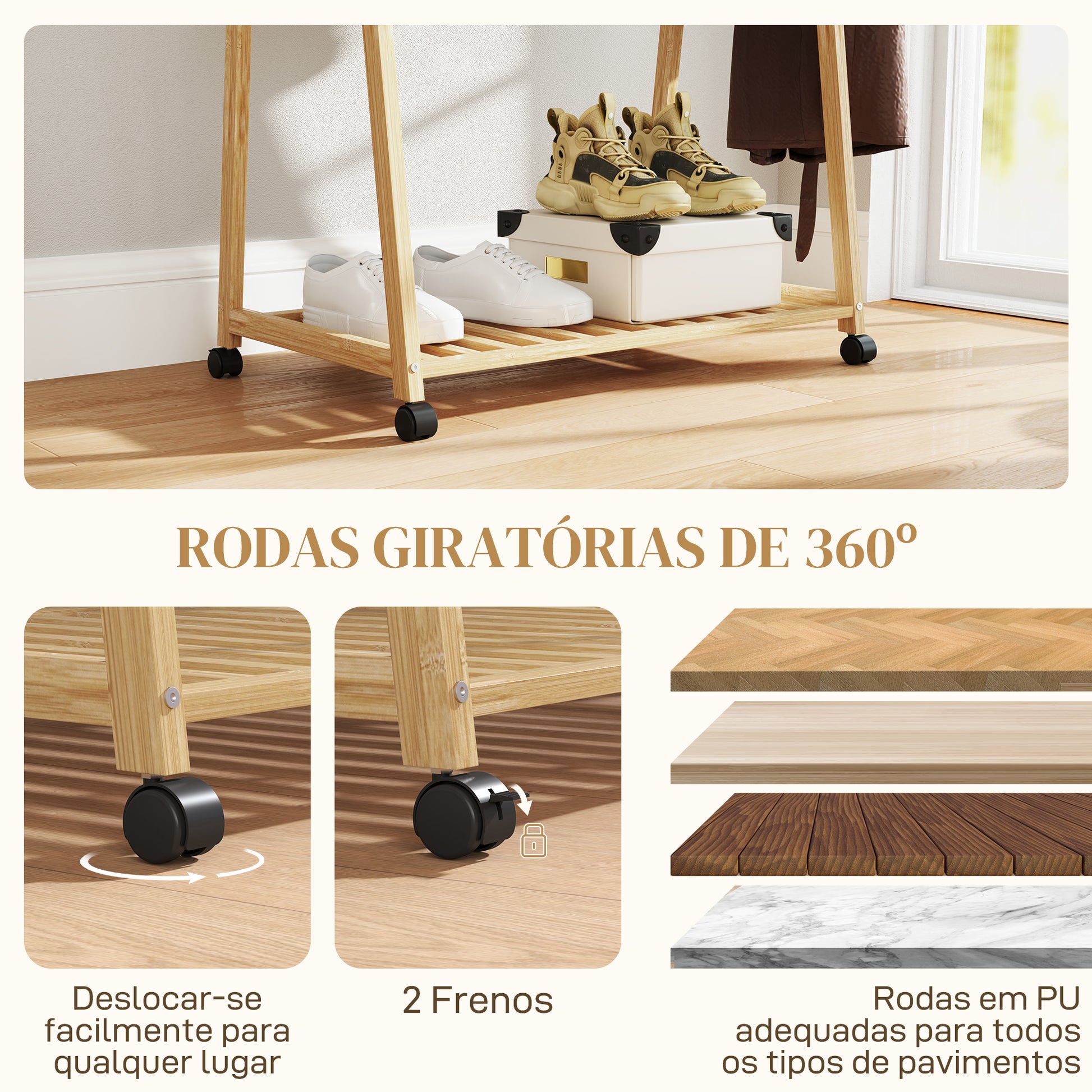 Charriot de Bambu para Roupa Charriot para Roupa com Rodas 2 Prateleiras Abertas e 2 Ganchos para Entrada Corredor Dormitório 84,5x43,5x158 cm Madeira