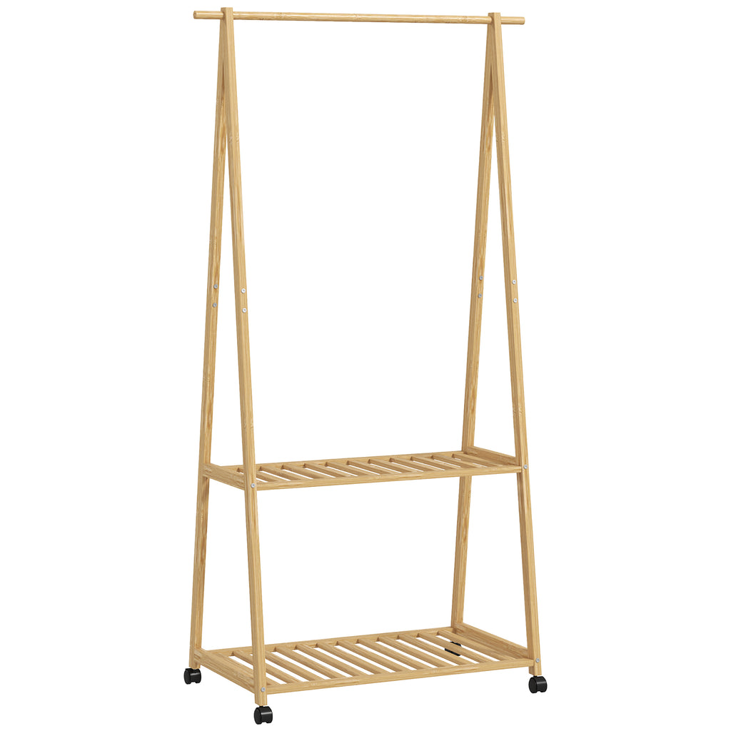 Charriot de Bambu para Roupa Charriot para Roupa com Rodas 2 Prateleiras Abertas e 2 Ganchos para Entrada Corredor Dormitório 84,5x43,5x158 cm Madeira