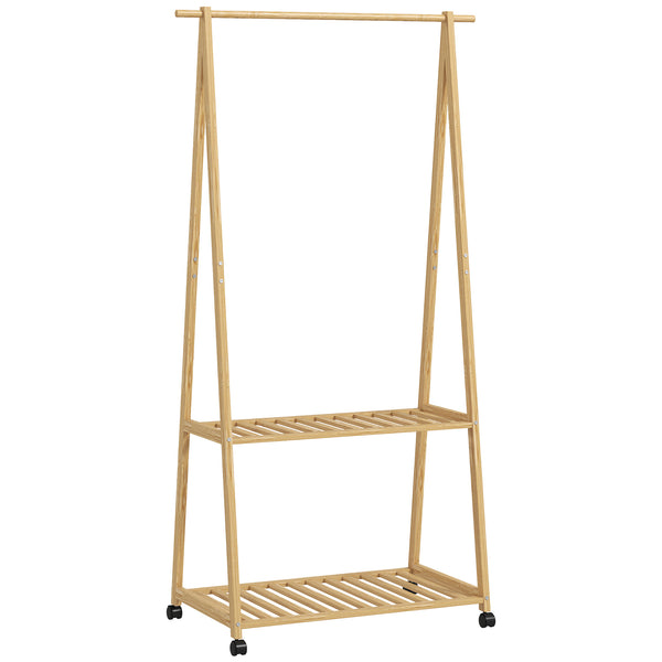 Charriot de Bambu para Roupa Charriot para Roupa com Rodas 2 Prateleiras Abertas e 2 Ganchos para Entrada Corredor Dormitório 84,5x43,5x158 cm Madeira