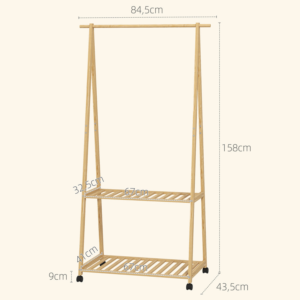 Charriot de Bambu para Roupa Charriot para Roupa com Rodas 2 Prateleiras Abertas e 2 Ganchos para Entrada Corredor Dormitório 84,5x43,5x158 cm Madeira