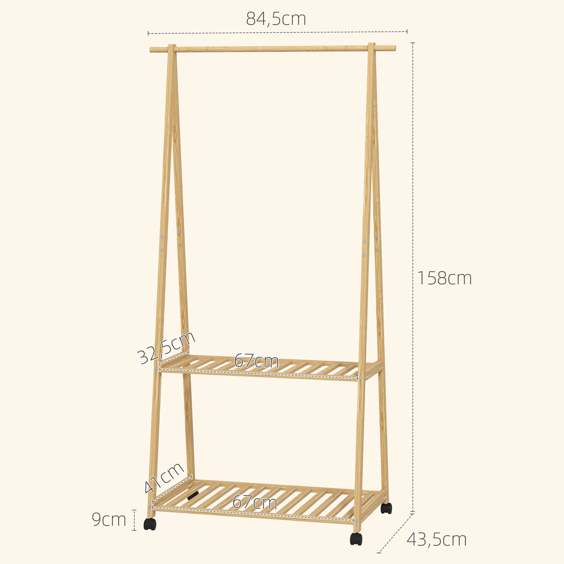 Charriot de Bambu para Roupa Charriot para Roupa com Rodas 2 Prateleiras Abertas e 2 Ganchos para Entrada Corredor Dormitório 84,5x43,5x158 cm Madeira