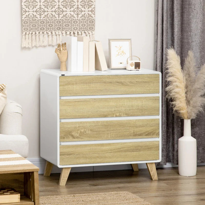 Cómoda com 4 Gavetas de Madeira Cómoda com Pés Elevados para Sala de Estar Dormitório Escritório 80x40x79,5cm Carvalho e Branco