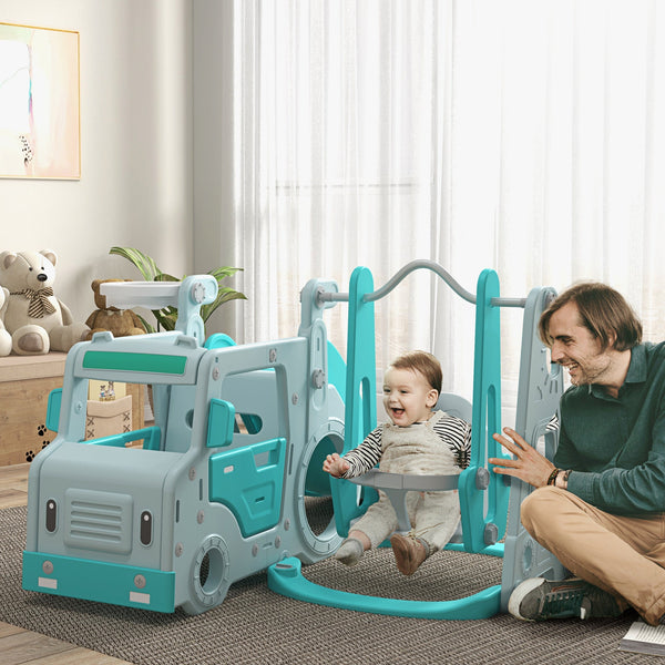 AIYAPLAY Conjunto de Escorrega e Baloiço para Crianças 6 em 1 Baloiço Infantil de 18-48 Meses Escorregador para Bebés com Buzina e Cesta de Basquetebol Carga 50 kg 201x151x87,5 cm Azul Claro