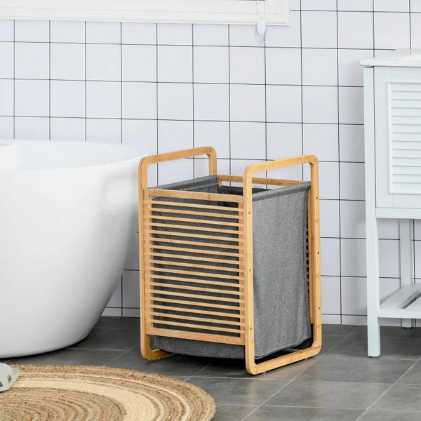 Cesto para Roupa Suja de Bambú Cesto Retangular de Roupa Portátil com Tampa e Bolsa Removível Móvel de Casa de Banho Dormitório 40x35,5x60,5cm Cor Natural e Cinza