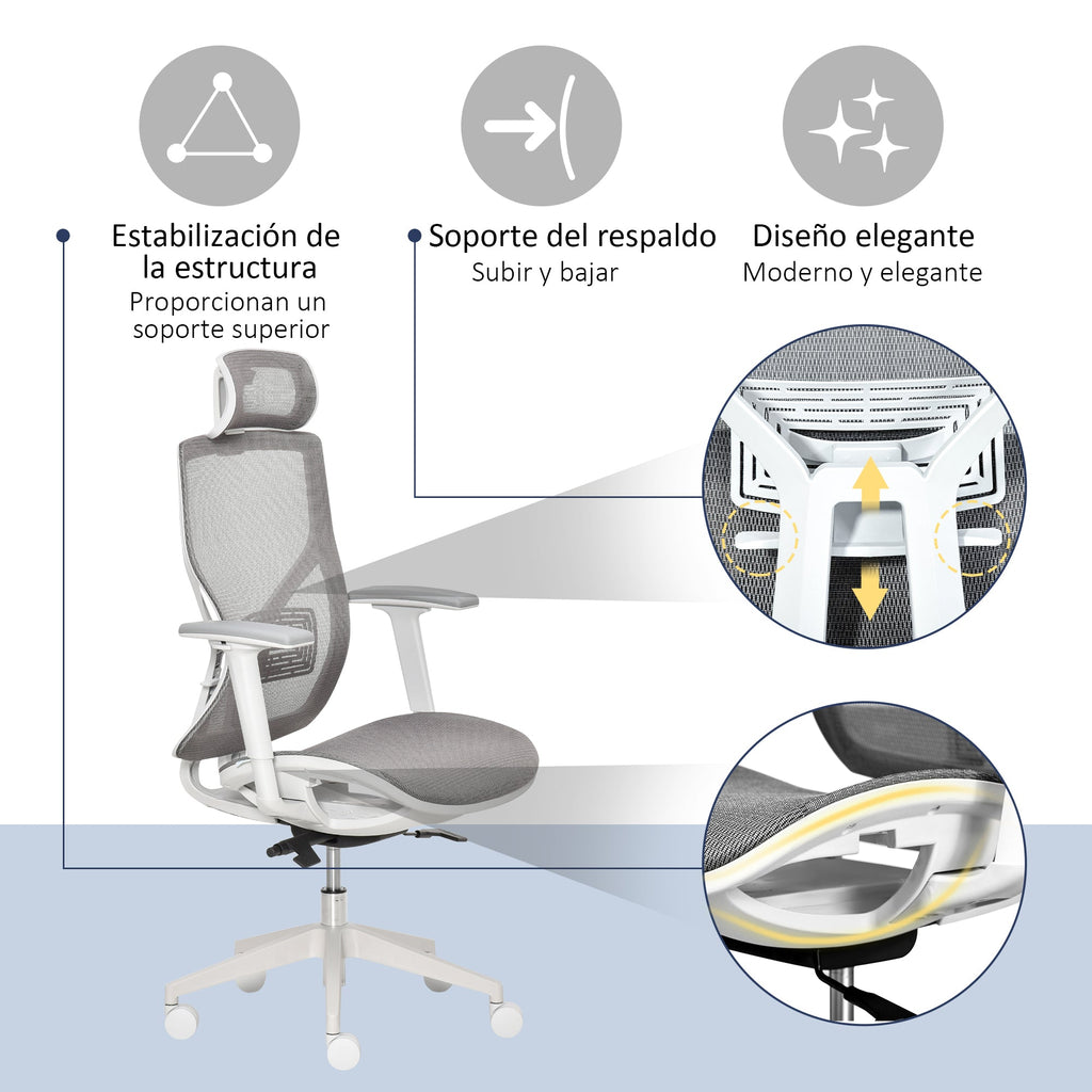 Cadeira de Escritório Giratória Cadeira de Escritório com Altura Ajustável Apoio para os Braços Apoio para a Cabeça e Suporte Lombar Reguláveis Encosto Alto 67x65x120-128cm Cinza