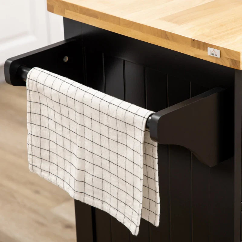 Ilha de Cozinha com Rodas Carrinho de Cozinha com Gaveta 3 Portas Prateleira Ajustável e Suporte para Panos Móvel Auxiliar de Cozinha 135x45x94,5cm Preto e Madeira