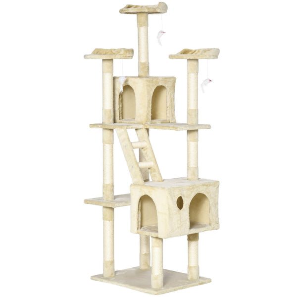 PawHut Arranhador para Gatos Grande 60x50x181 cm Arranhador para Gatos com Poste de Sisal Múltiplas Plataformas Escada Caverna Brinquedos Bege
