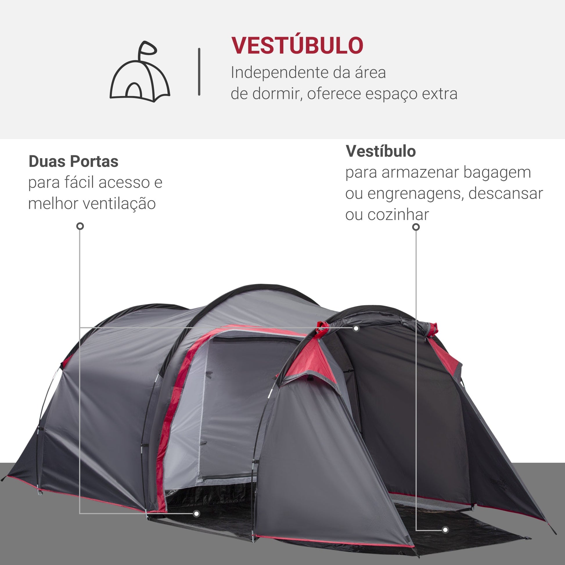 Tenda de Campismo para 2-3 Pessoas Tenda de Campismo Dobrável à Prova d'Agua e à Prova de UV 20+ com Vestíbulo 426x206x154 cm Cinza Escuro