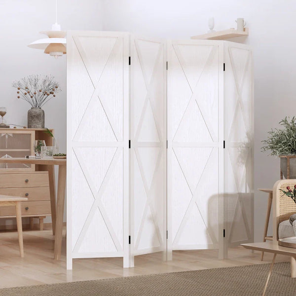 Biombo de 4 Paineis Separador de Ambientes Dobrável 182x170cm Divisória para Espaços de Madeira Decoração Elegante para Dormitório Sala de Estar Branco