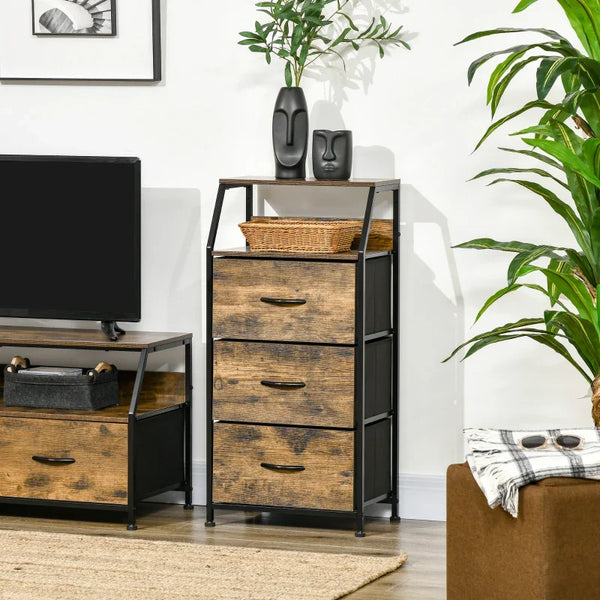 Cómoda com 3 Gavetas de Tecido Dobrável e Prateleira Aberta Móvel de Armazenamento para Escritório Dormitório Estilo Industrial Anti-Tombo 44x29x92cm Marrom Rústico