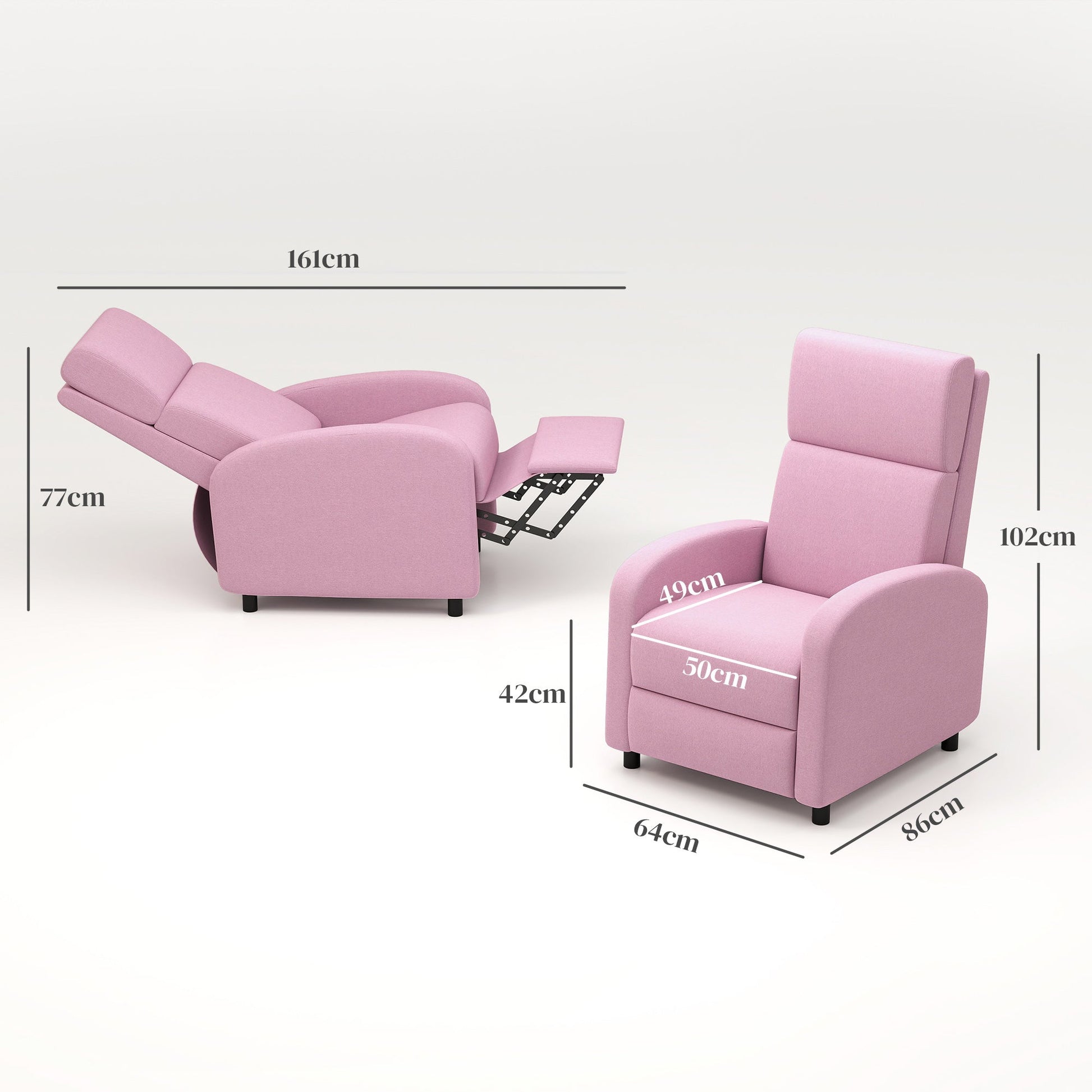 Poltrona Relax Reclinável até 160° Poltrona Reclinável Manual com Apoio para os Pés Carga Máxima 120 kg para Sala de Estar Dormitório 64x86x102 cm Rosa
