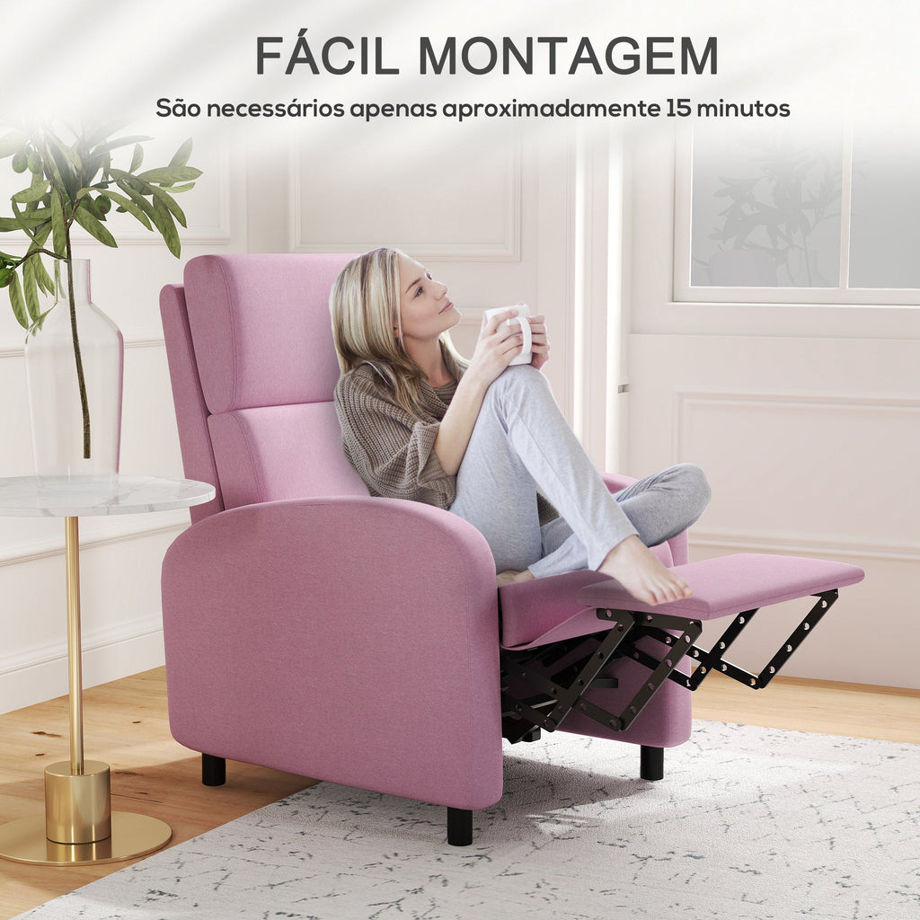 Poltrona Relax Reclinável até 160° Poltrona Reclinável Manual com Apoio para os Pés Carga Máxima 120 kg para Sala de Estar Dormitório 64x86x102 cm Rosa