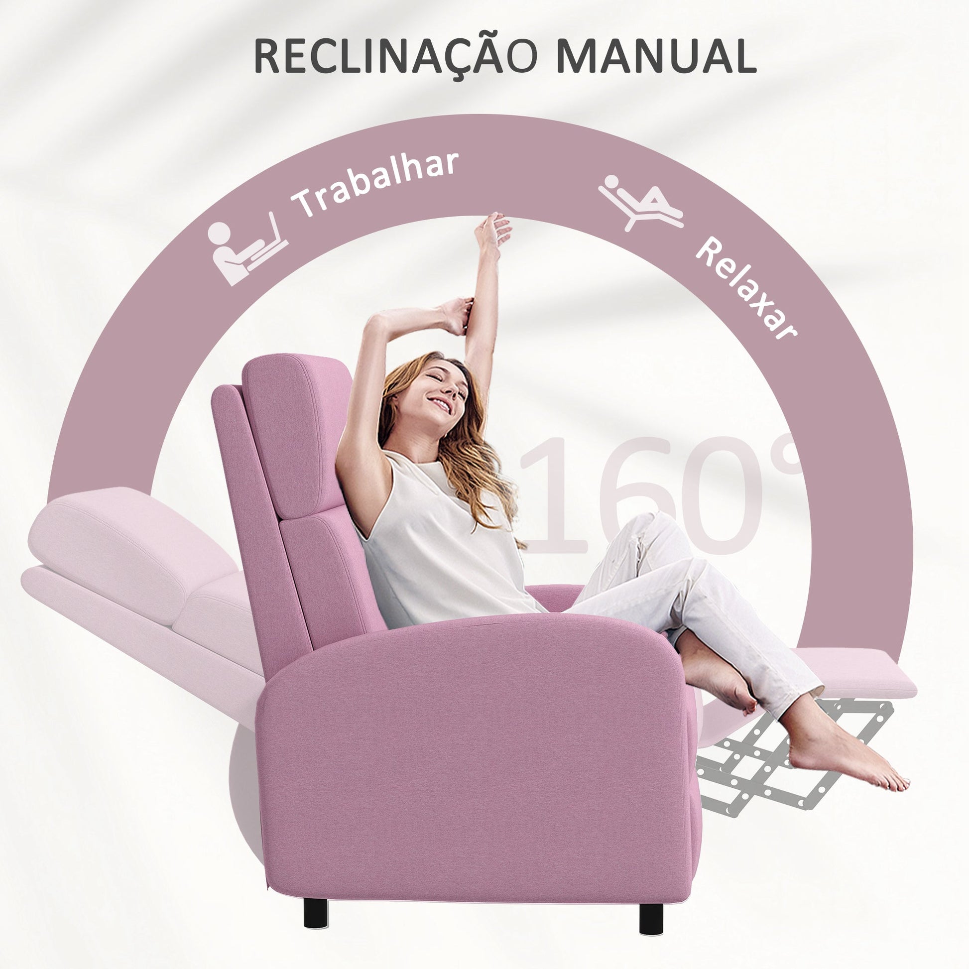 Poltrona Relax Reclinável até 160° Poltrona Reclinável Manual com Apoio para os Pés Carga Máxima 120 kg para Sala de Estar Dormitório 64x86x102 cm Rosa