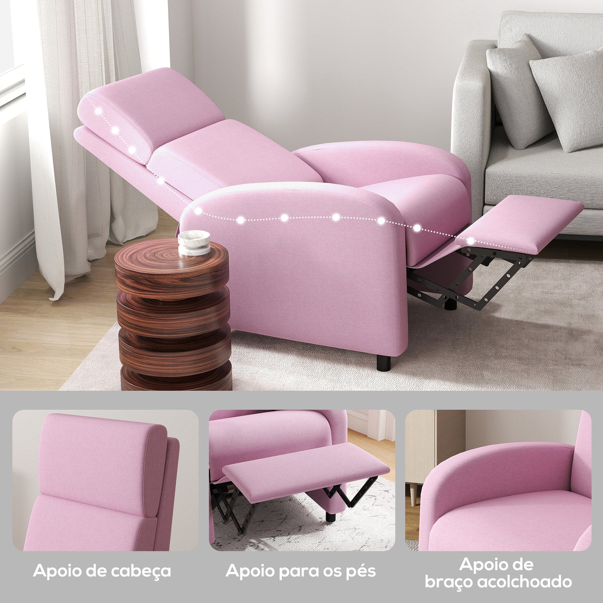 Poltrona Relax Reclinável até 160° Poltrona Reclinável Manual com Apoio para os Pés Carga Máxima 120 kg para Sala de Estar Dormitório 64x86x102 cm Rosa